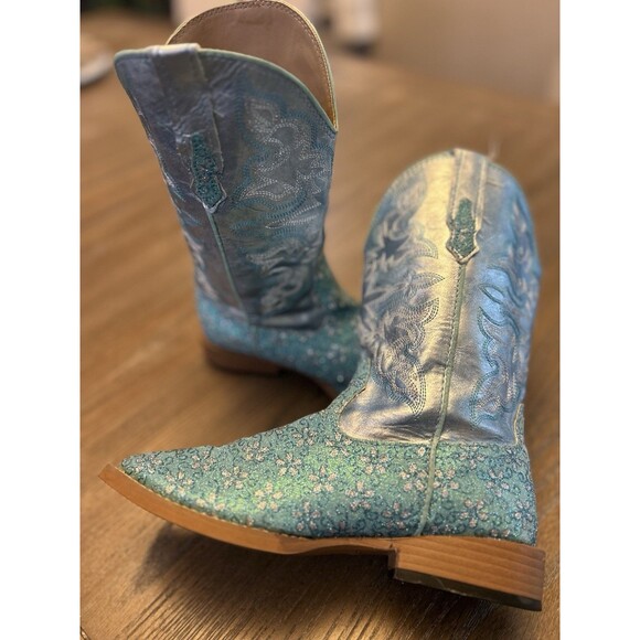 Roper Kids Turquoise Southwest Glitter SQ Toe Size 2 Delicate Flowers/Sparkle - Picture 1 of 8